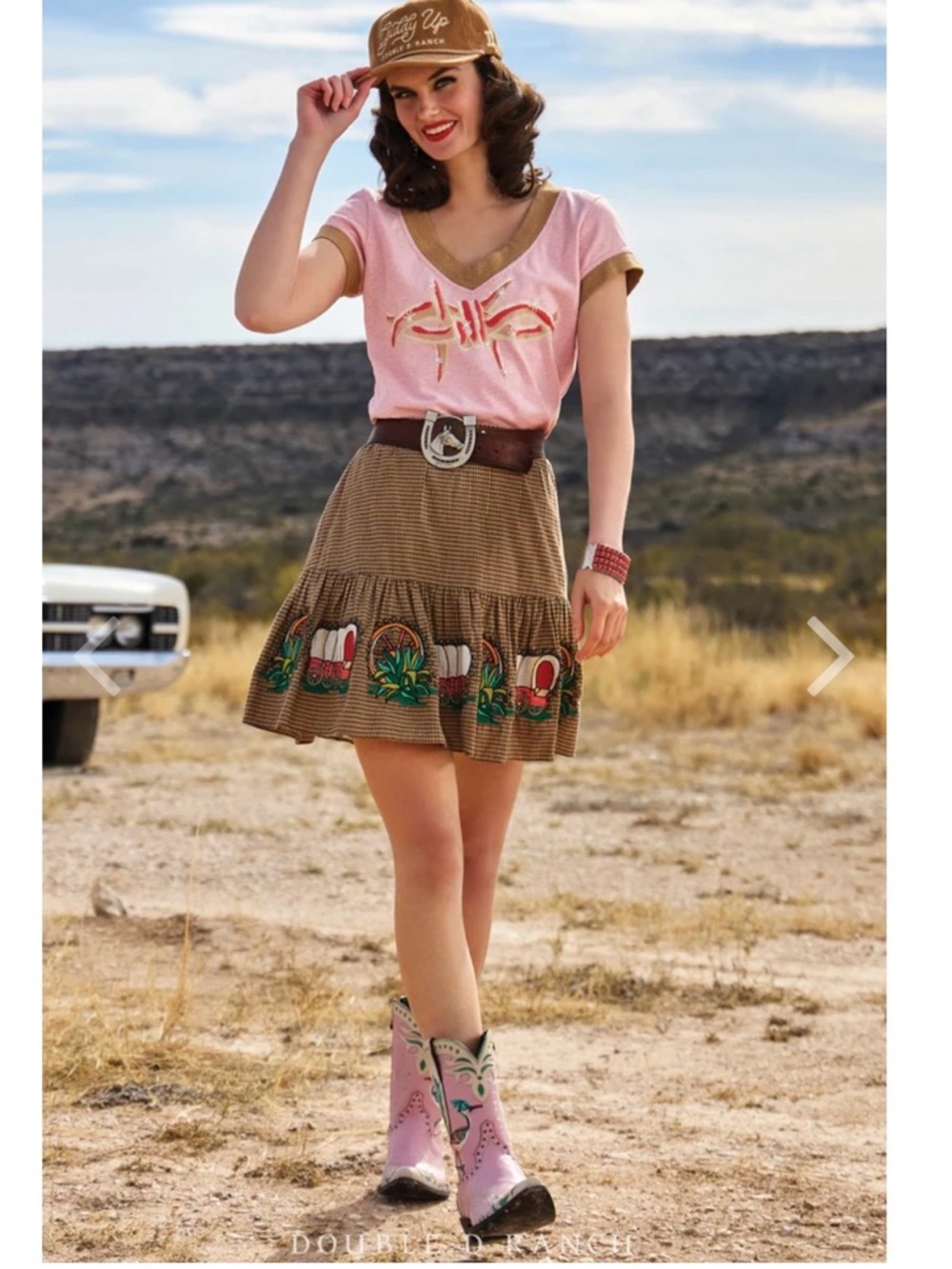 Double D Ranch Brown Mini Skirt with Colorful Wagon Embroidery - Picture 7 of 9